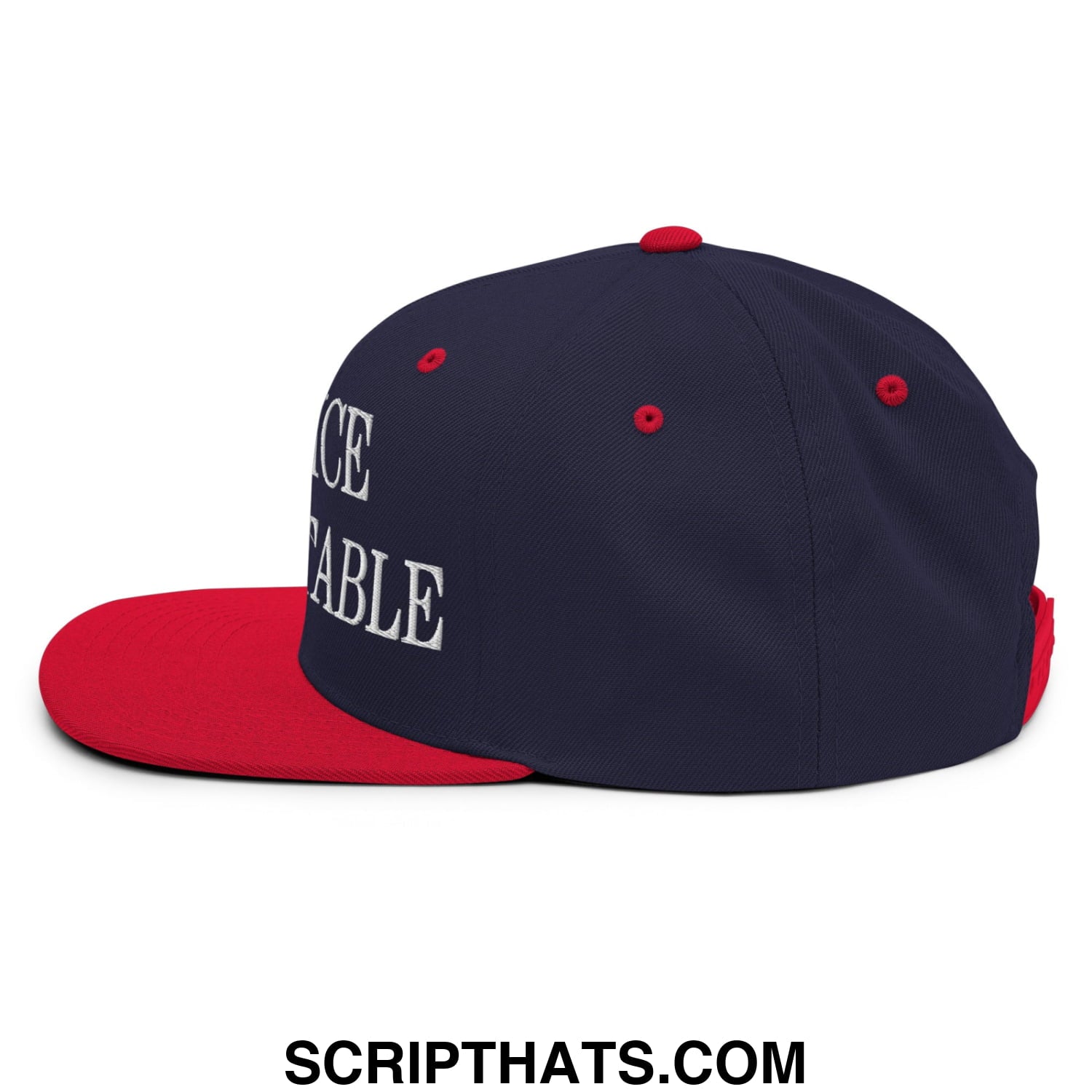 Navy blue and red snapback hat with white embroidered hold ice accountable text and flat bill brim