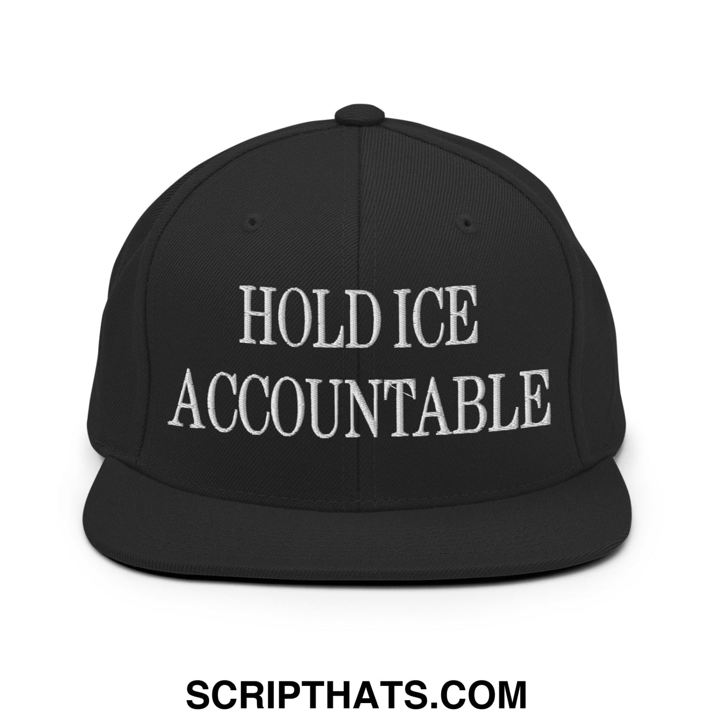 Black snapback hat with white embroidered hold ice accountable text and flat bill brim for casual wear