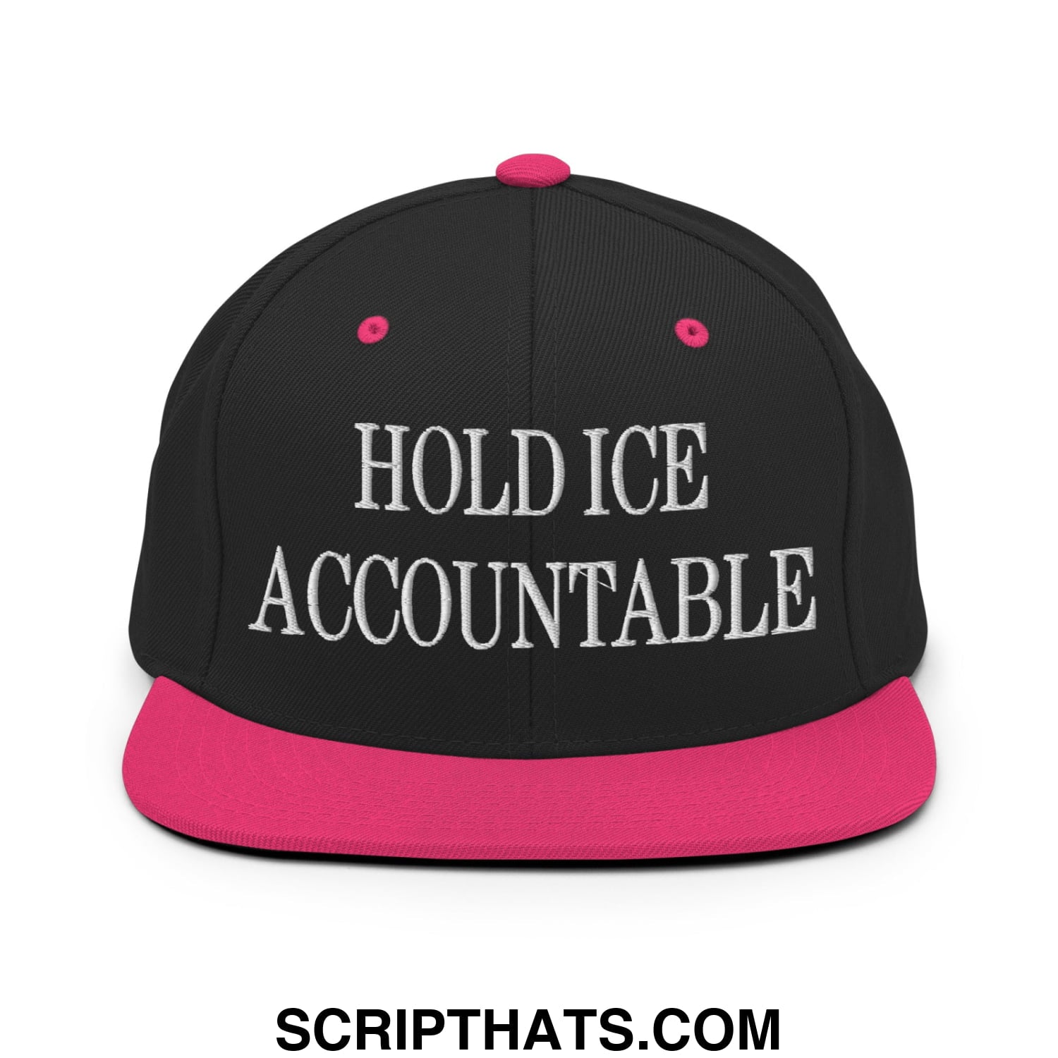 Black snapback hat with vibrant pink brim and button embroidered with hold ice accountable in white letters