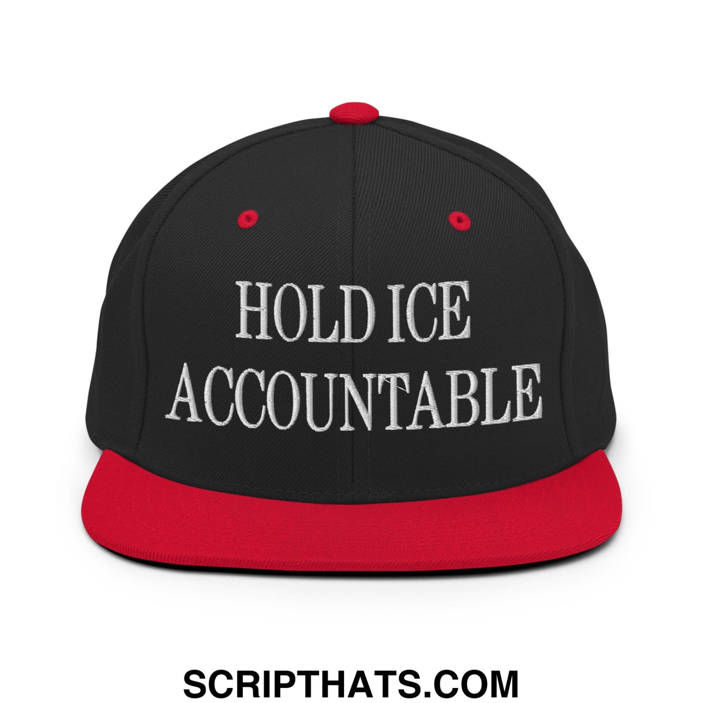 Black and red snapback hat with white embroidered hold ice accountable text and flat bill brim design
