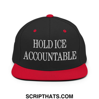 Black and red snapback hat with white embroidered hold ice accountable text and flat bill brim design