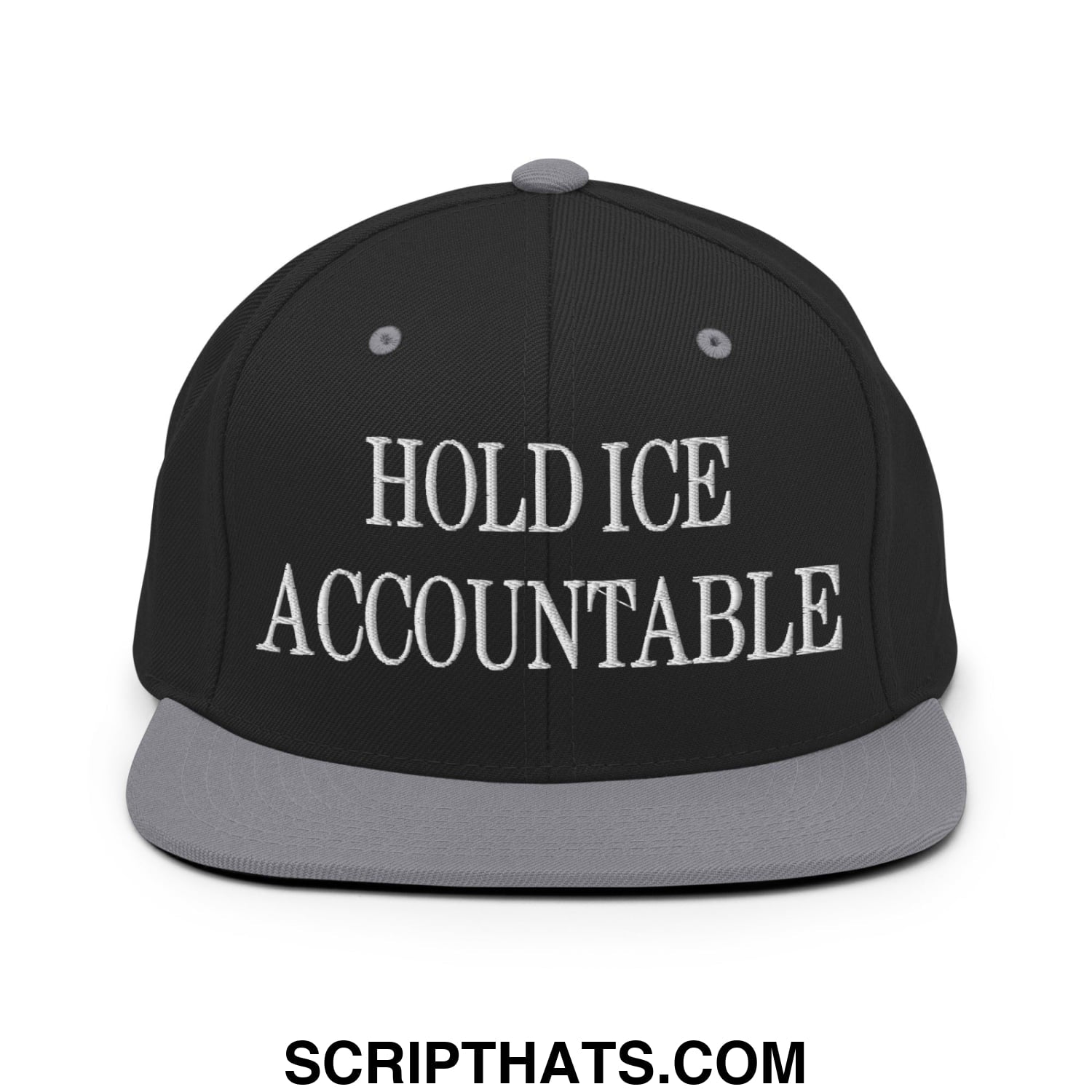 Black snapback cap with gray brim and embroidered white text hold ice accountable on front flat bill brim design