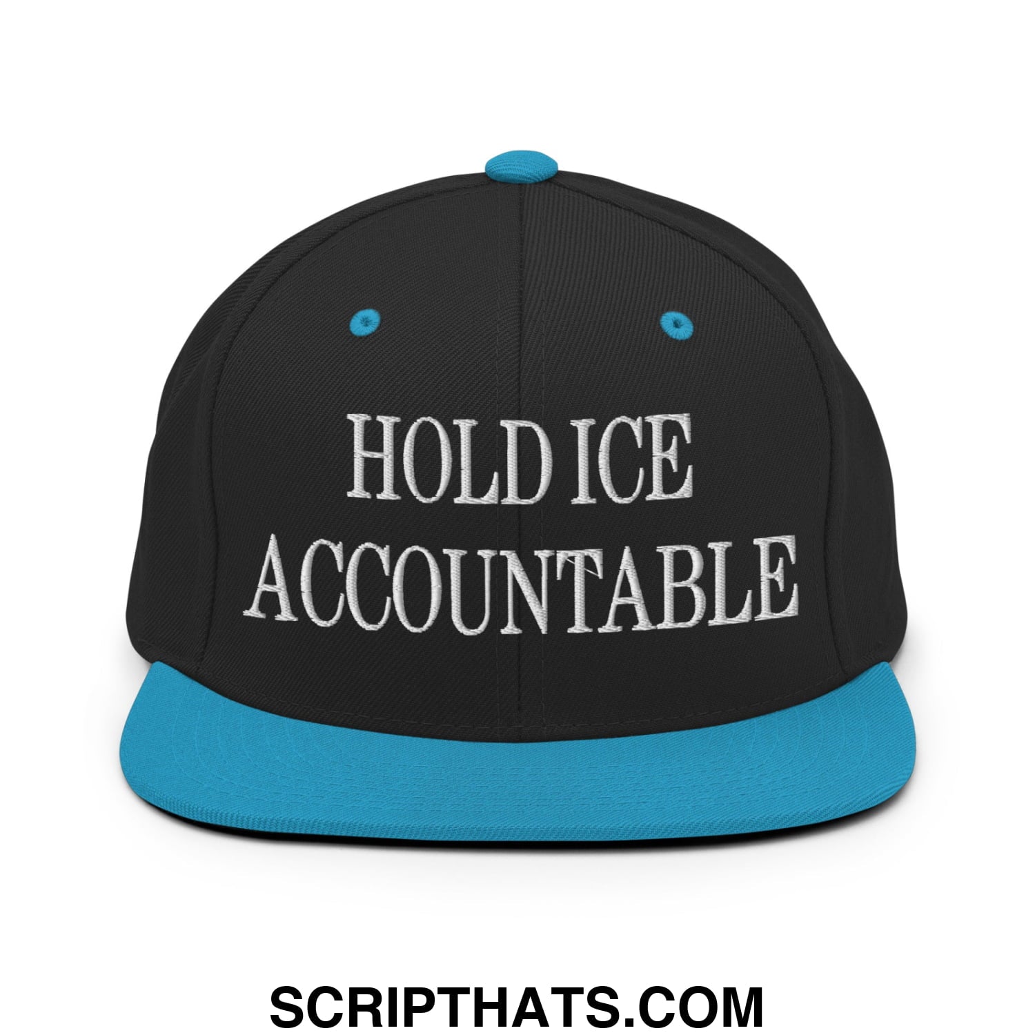 Black snapback cap with teal brim and button featuring white embroidered hold ice accountable text on front