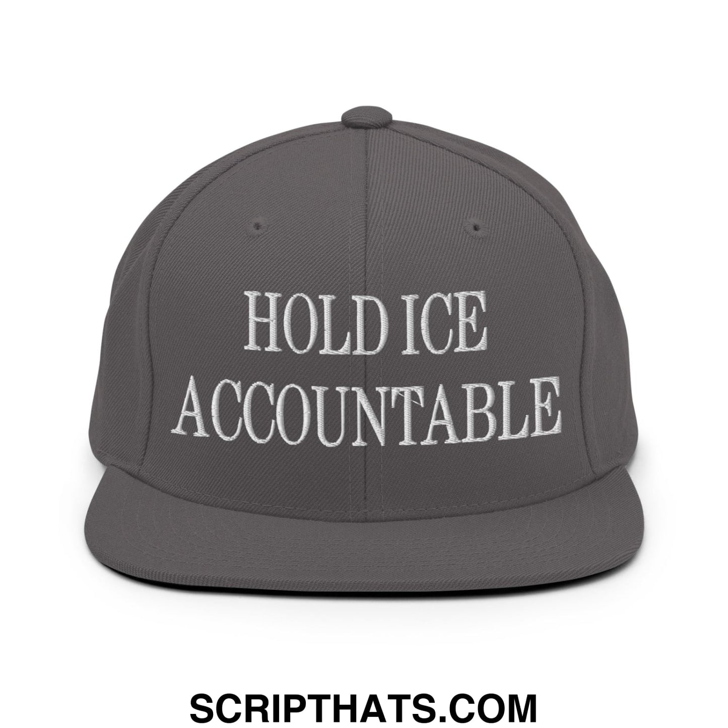 Gray snapback hat with white embroidered hold ice accountable text and flat bill brim for casual wear