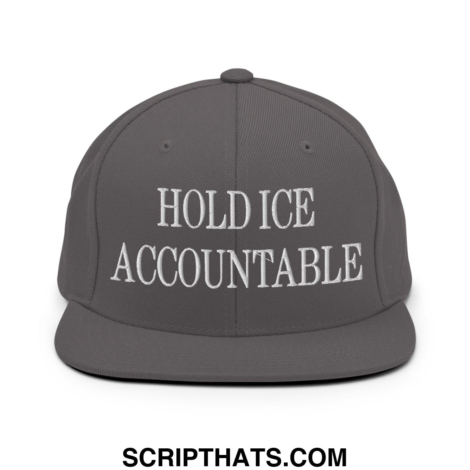 Gray snapback hat with white embroidered hold ice accountable text and flat bill brim for casual wear