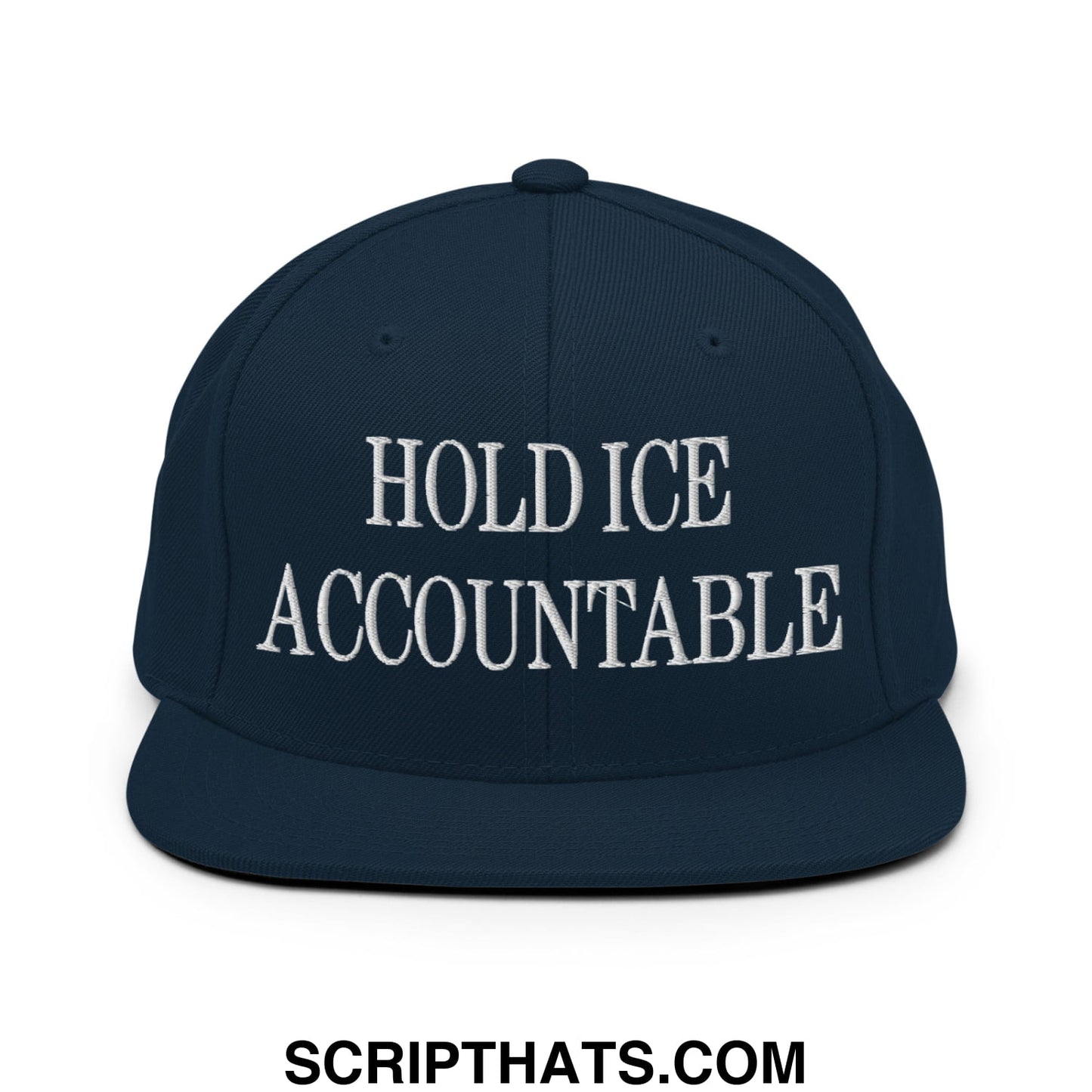 Navy blue snapback hat with white embroidered hold ice accountable text and flat bill brim design