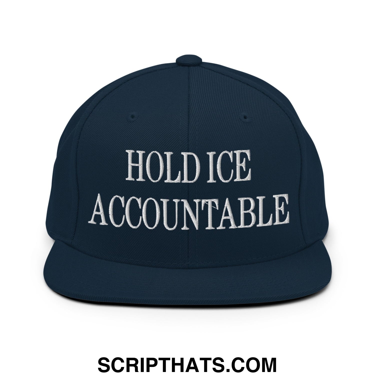 Navy blue snapback hat with white embroidered hold ice accountable text and flat bill brim design