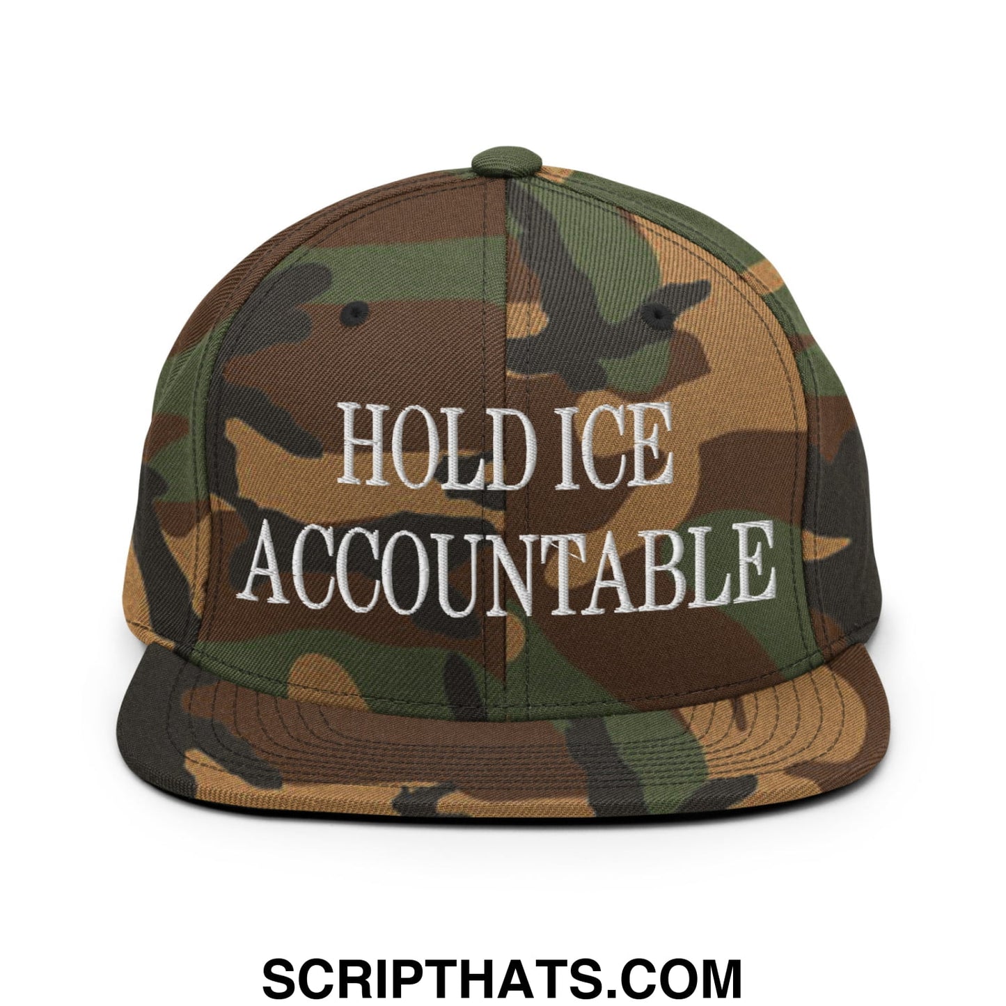 Camouflage snapback cap with white embroidered hold ice accountable text and flat bill brim for casual wear