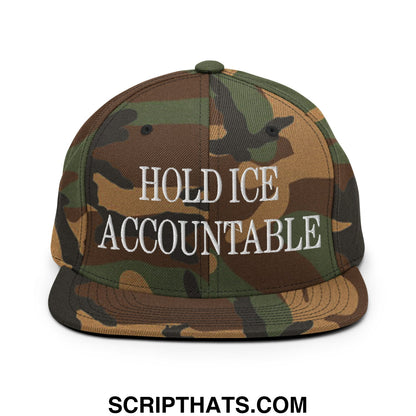 Camouflage snapback cap with white embroidered hold ice accountable text and flat bill brim for casual wear
