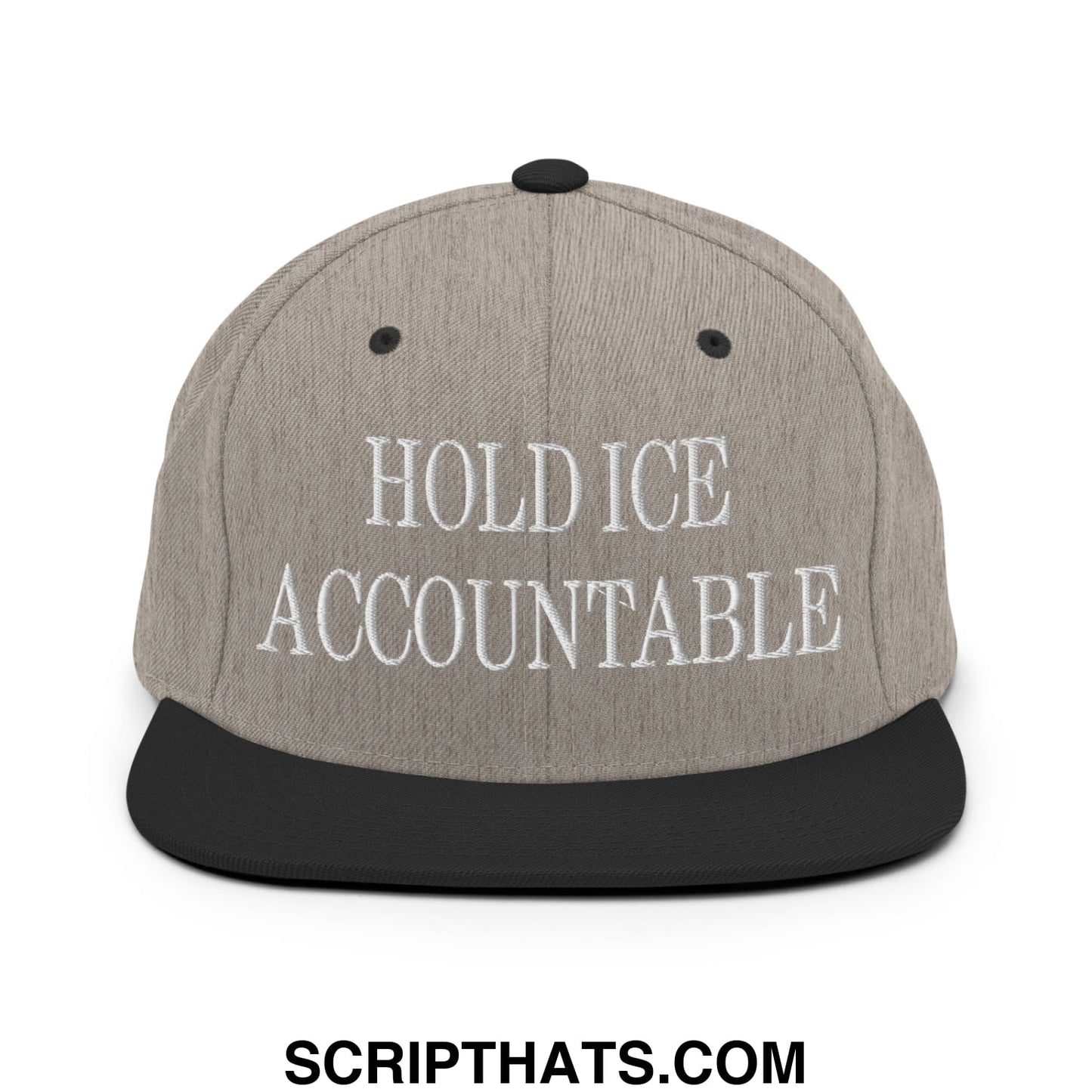 Gray and black snapback hat with white embroidered hold ice accountable text and flat bill brim