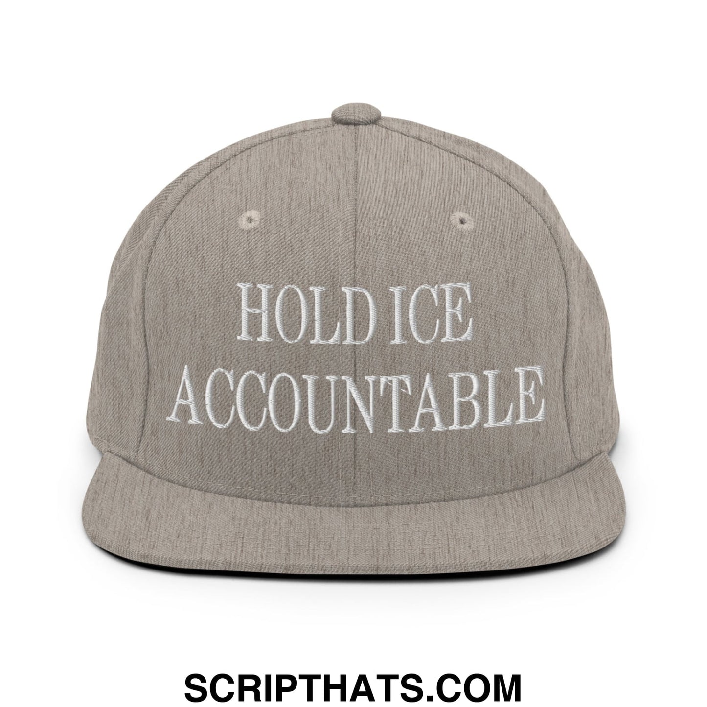 Gray flat bill snapback hat with white embroidered hold ice accountable text for casual wear