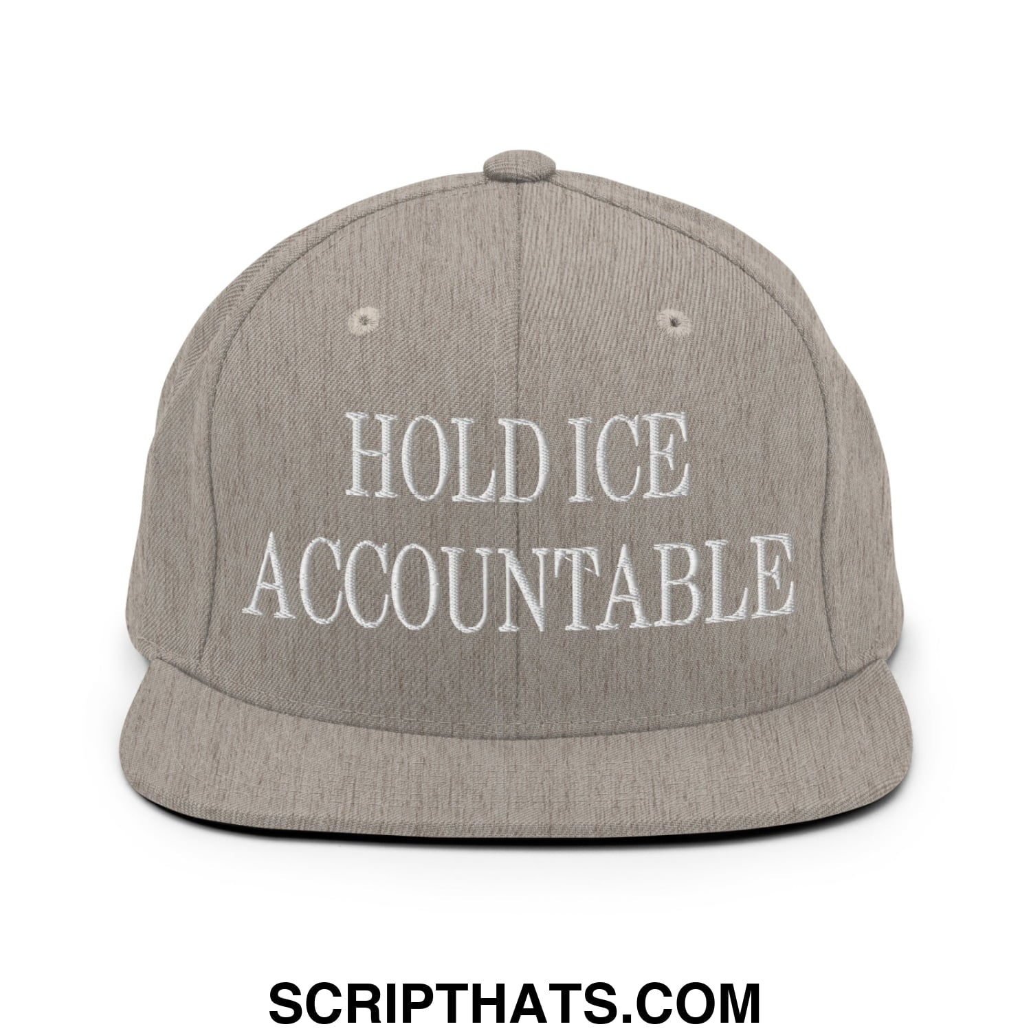 Gray flat bill snapback hat with white embroidered hold ice accountable text for casual wear