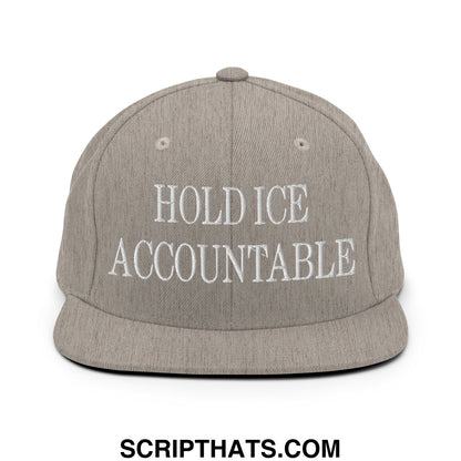Gray flat bill snapback hat with white embroidered hold ice accountable text for casual wear