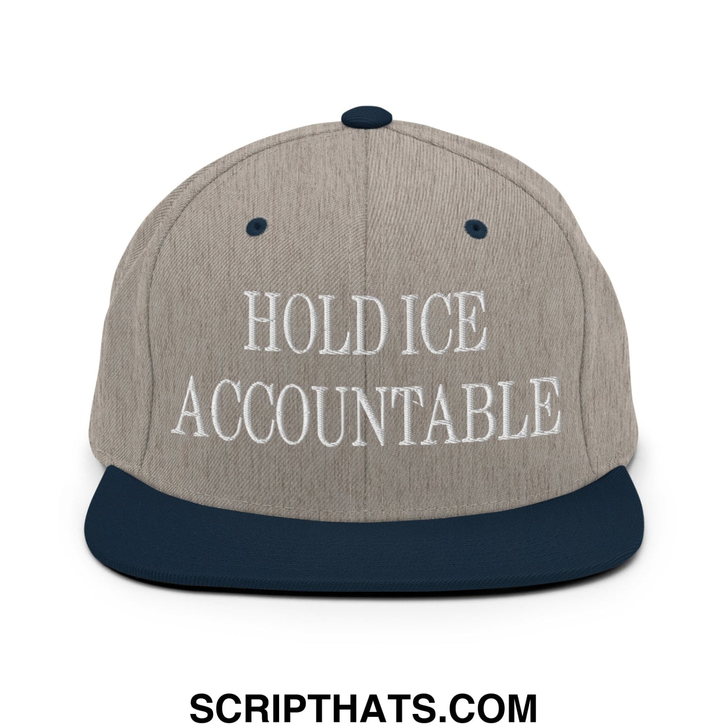 Gray and navy blue snapback hat with white embroidered hold ice accountable text on front flat bill brim