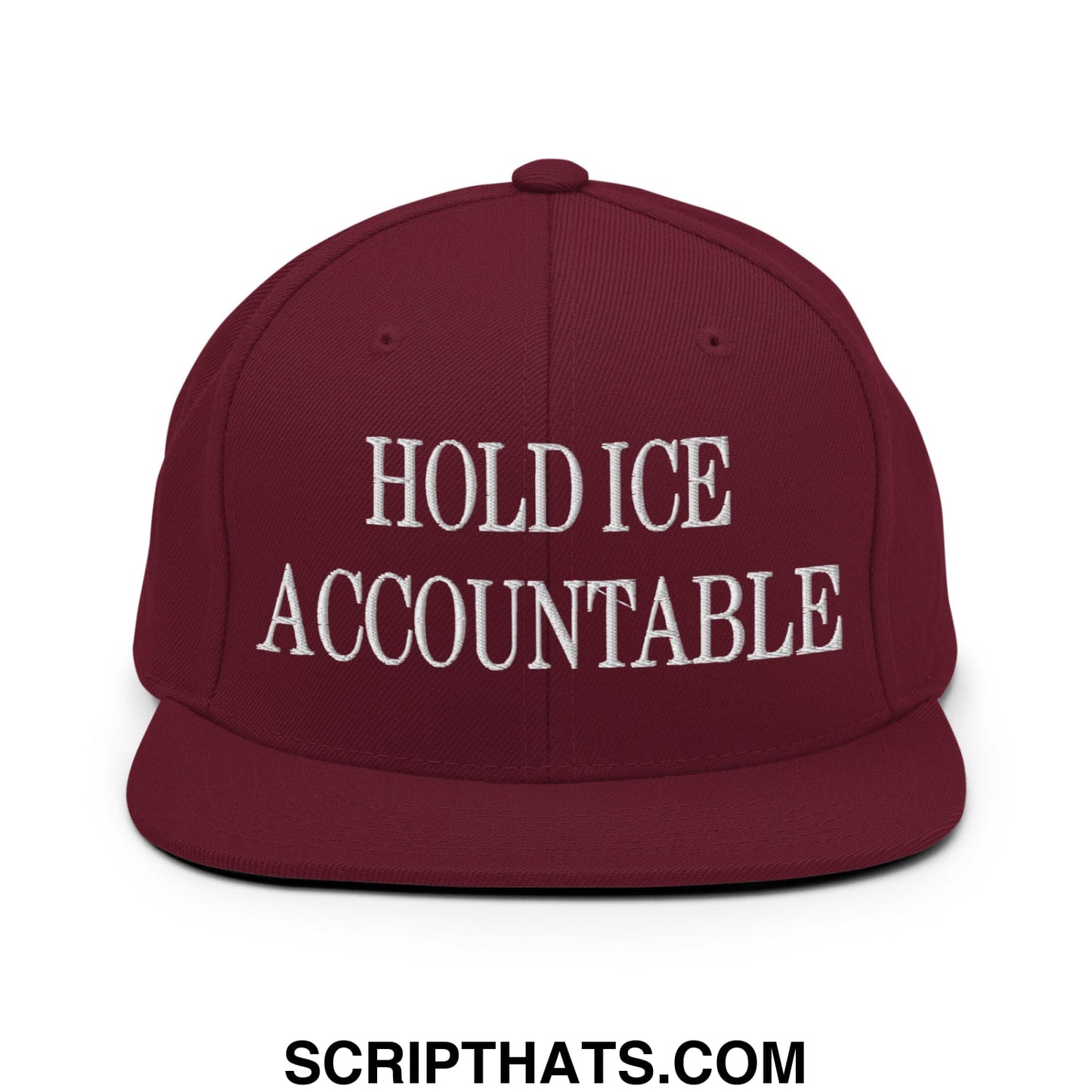 Maroon hold ice accountable embroidered flat bill brim snapback hat with white text for casual wear