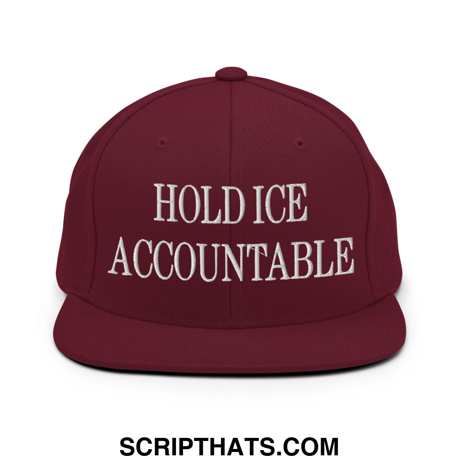 Maroon hold ice accountable embroidered flat bill brim snapback hat with white text for casual wear