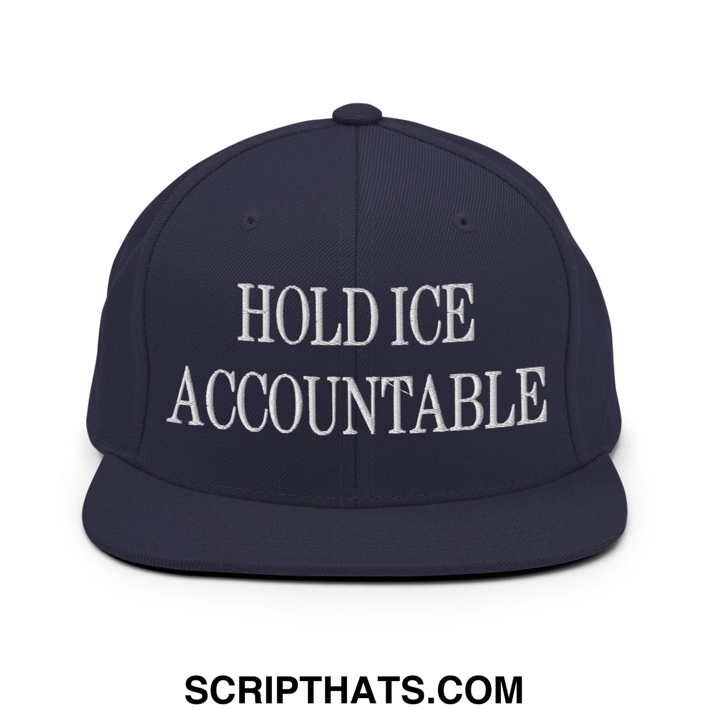 Navy blue snapback hat with flat bill brim and white embroidered text hold ice accountable