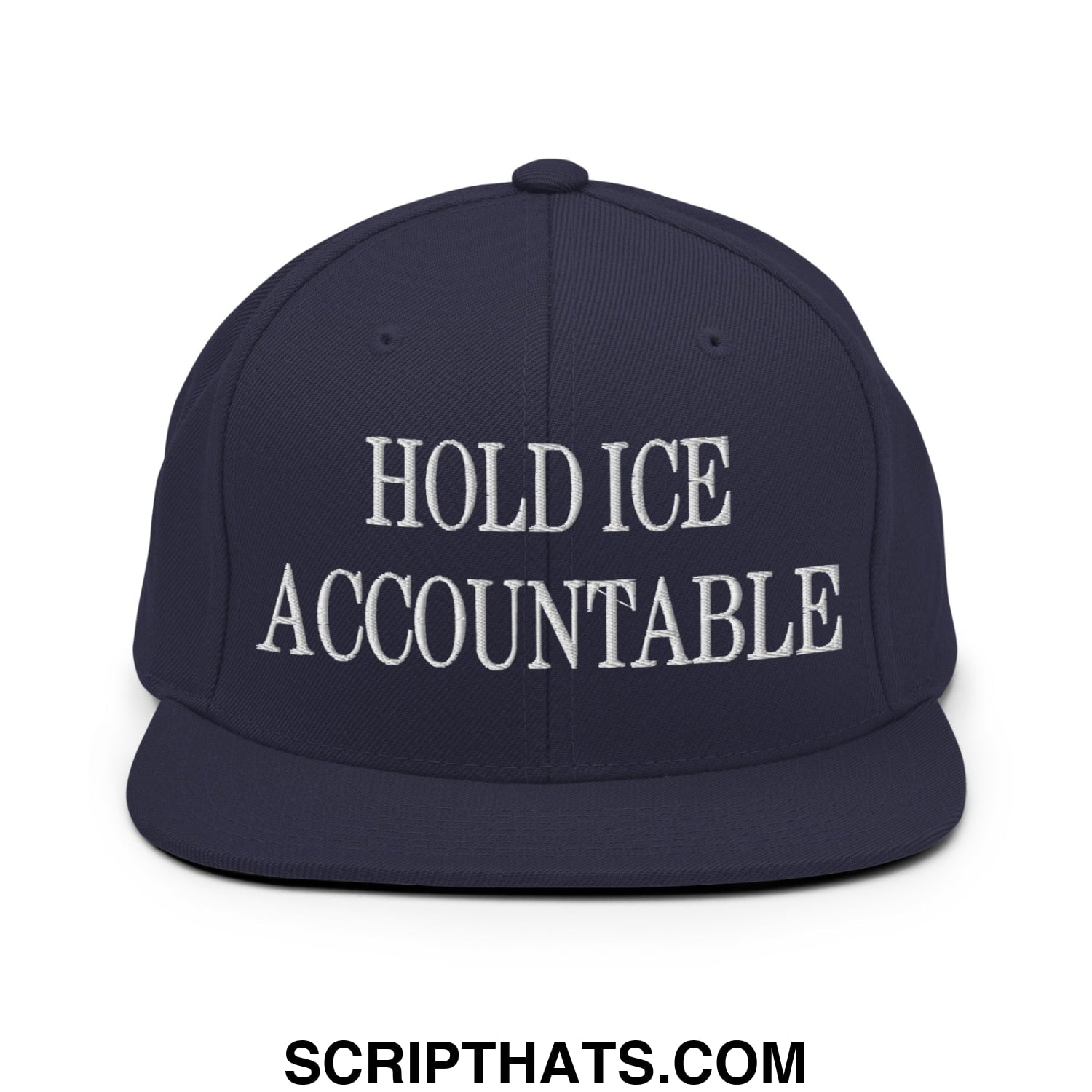 Navy blue snapback hat with flat bill brim and white embroidered text hold ice accountable