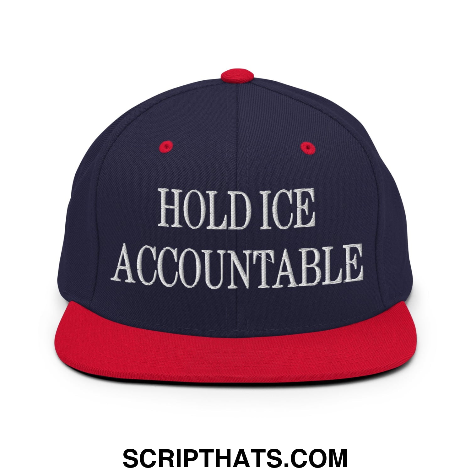 Navy blue and red snapback hat with white embroidered hold ice accountable text and flat bill brim design