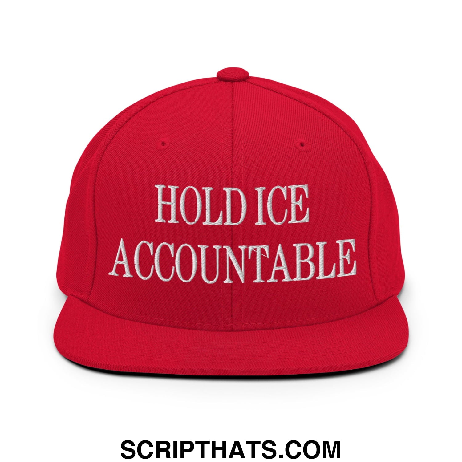 Red snapback cap with white embroidered hold ice accountable text and flat bill brim in a streetwear style