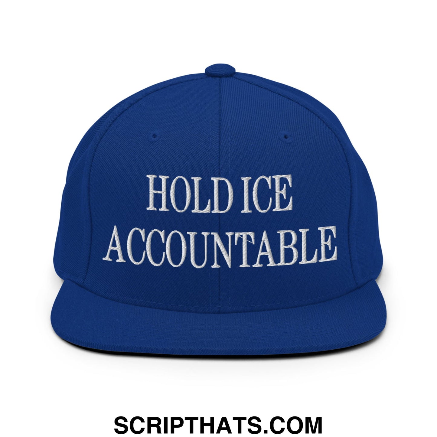 Royal blue snapback hat with white embroidered hold ice accountable text and a flat bill brim design
