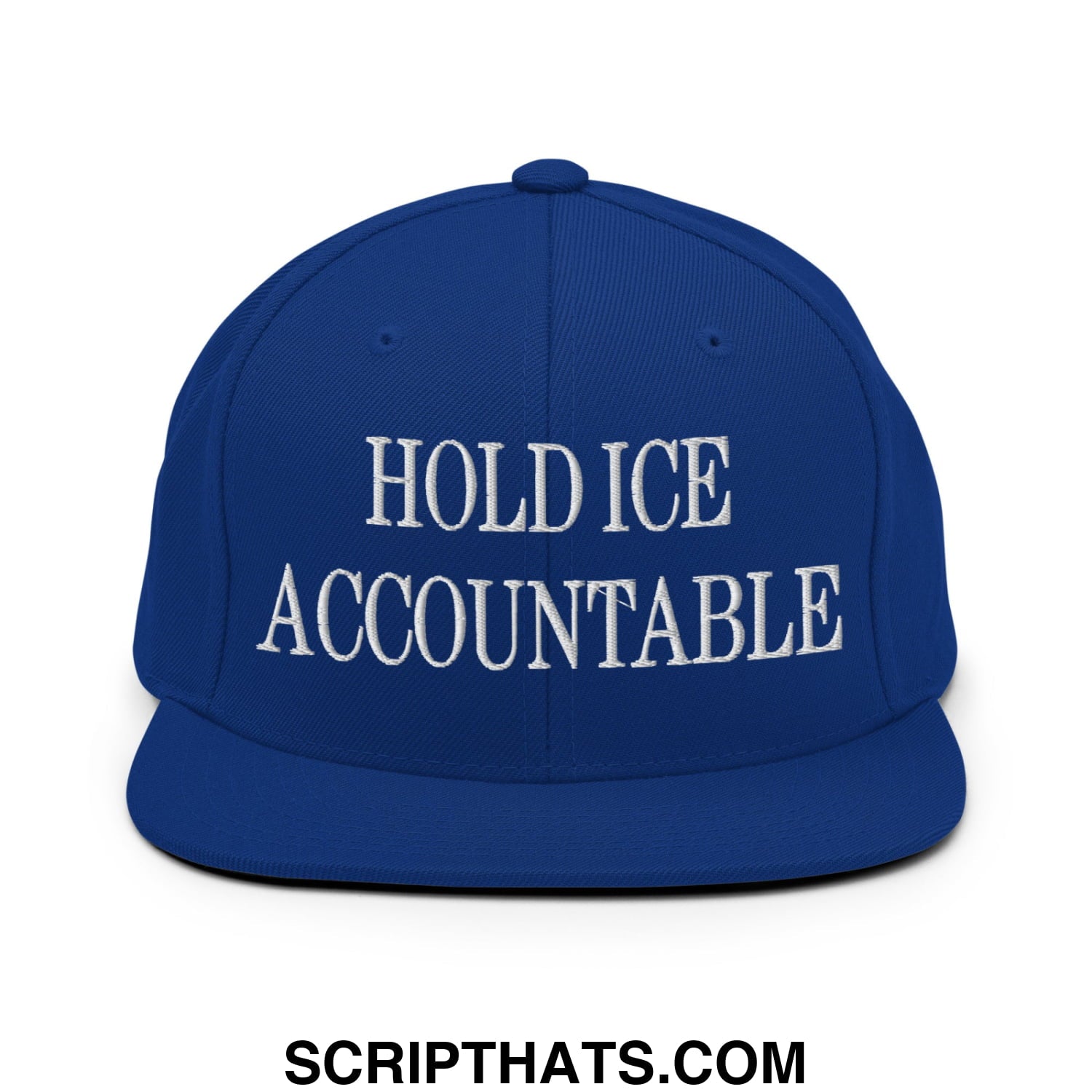 Royal blue snapback hat with white embroidered hold ice accountable text and a flat bill brim design