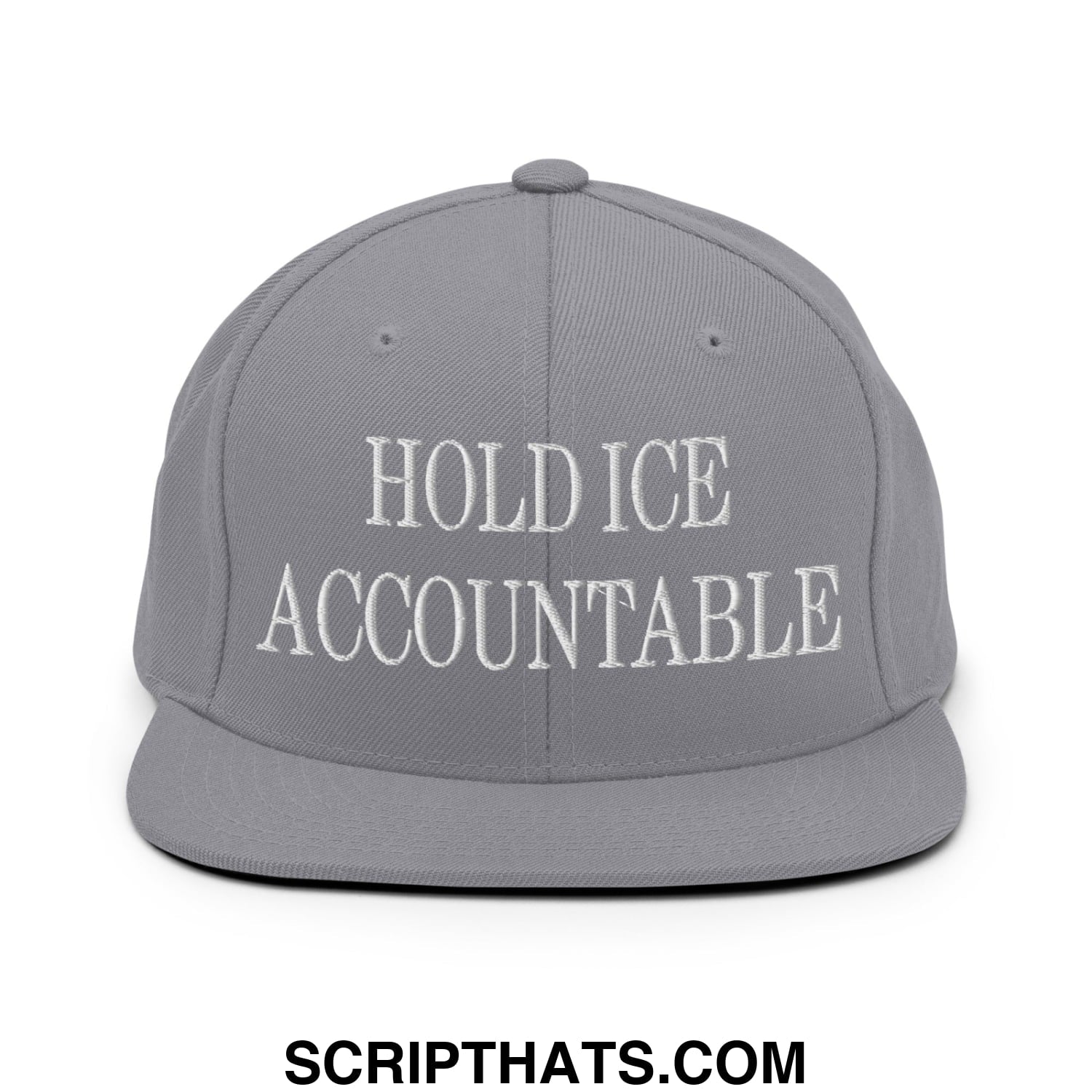 Gray snapback hat with white embroidered hold ice accountable text and flat bill brim for casual wear