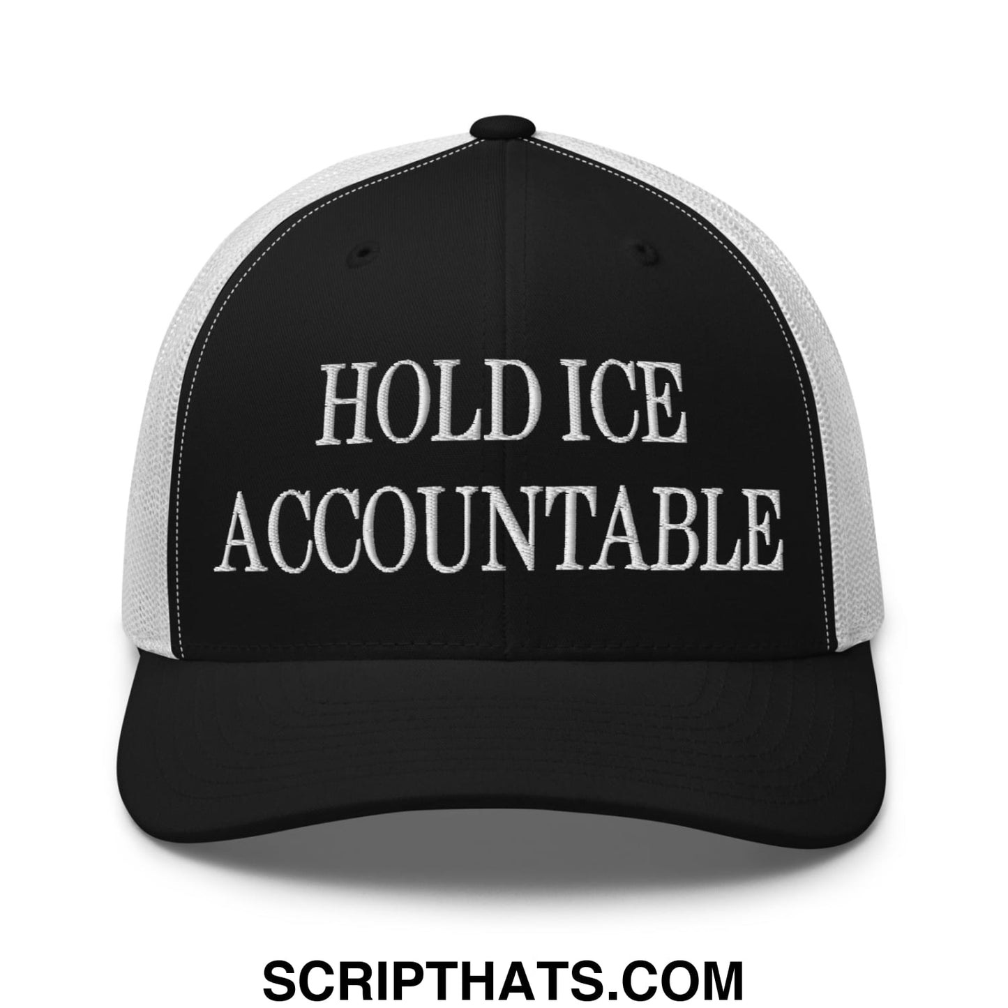 Black and white mesh trucker hat embroidered with hold ice accountable in bold uppercase letters on the front