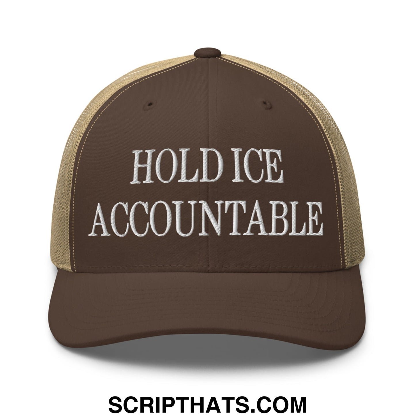 Brown and tan mesh trucker hat with white embroidered hold ice accountable text front panel design