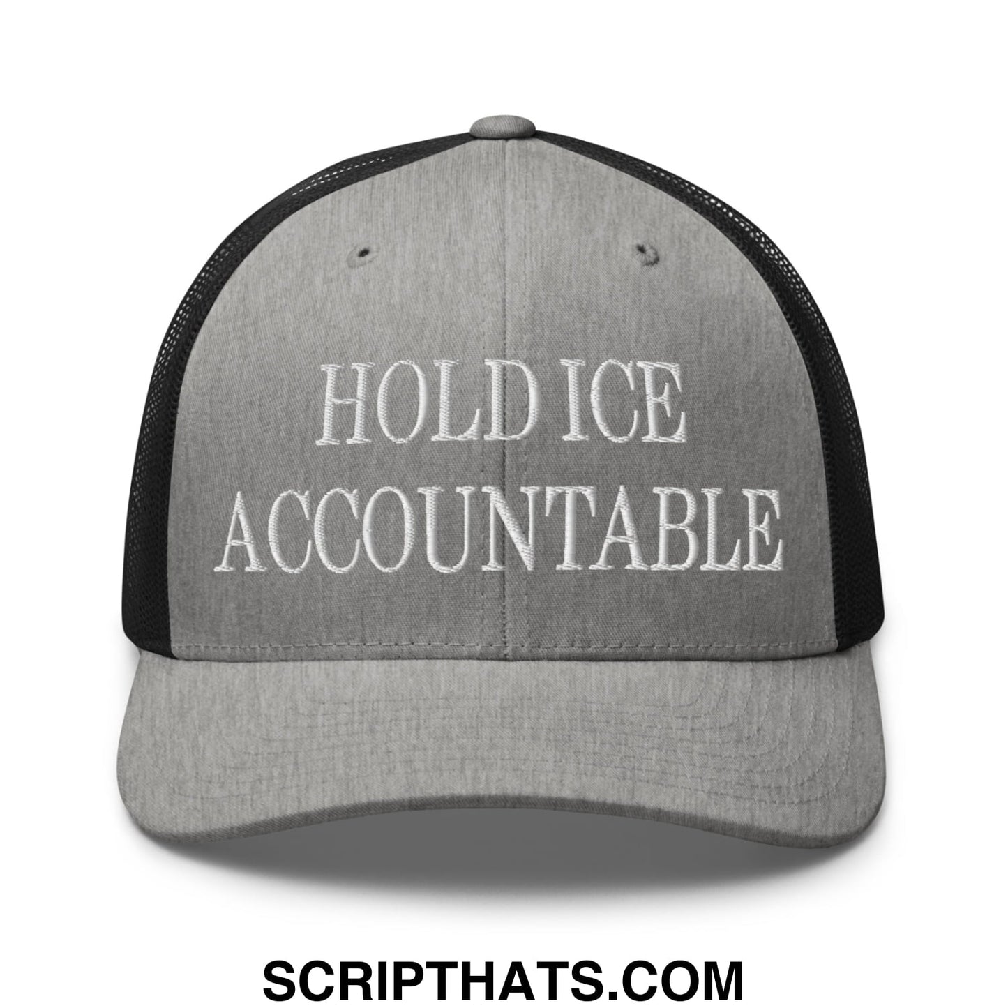 Gray and black mesh trucker hat with white embroidered hold ice accountable text front view
