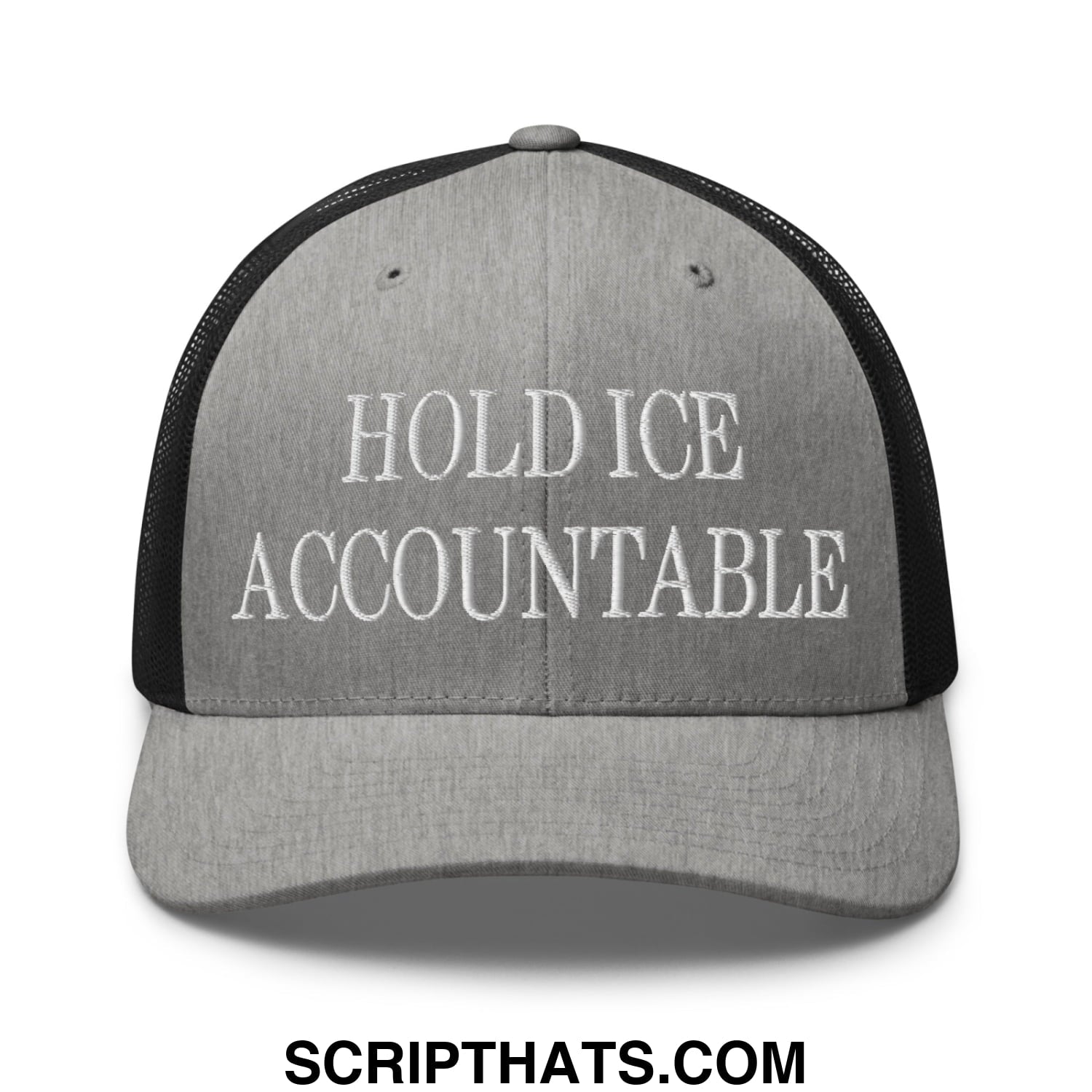 Gray and black mesh trucker hat with white embroidered hold ice accountable text front view