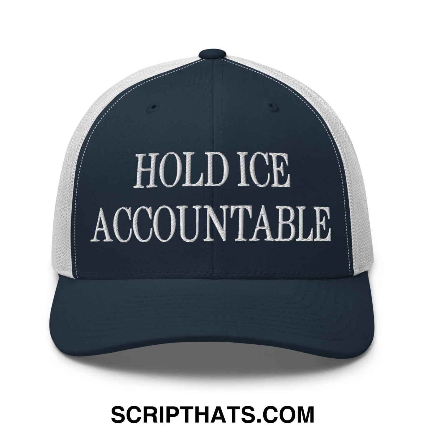 Navy blue and white mesh trucker hat with hold ice accountable embroidered in bold raised lettering on front