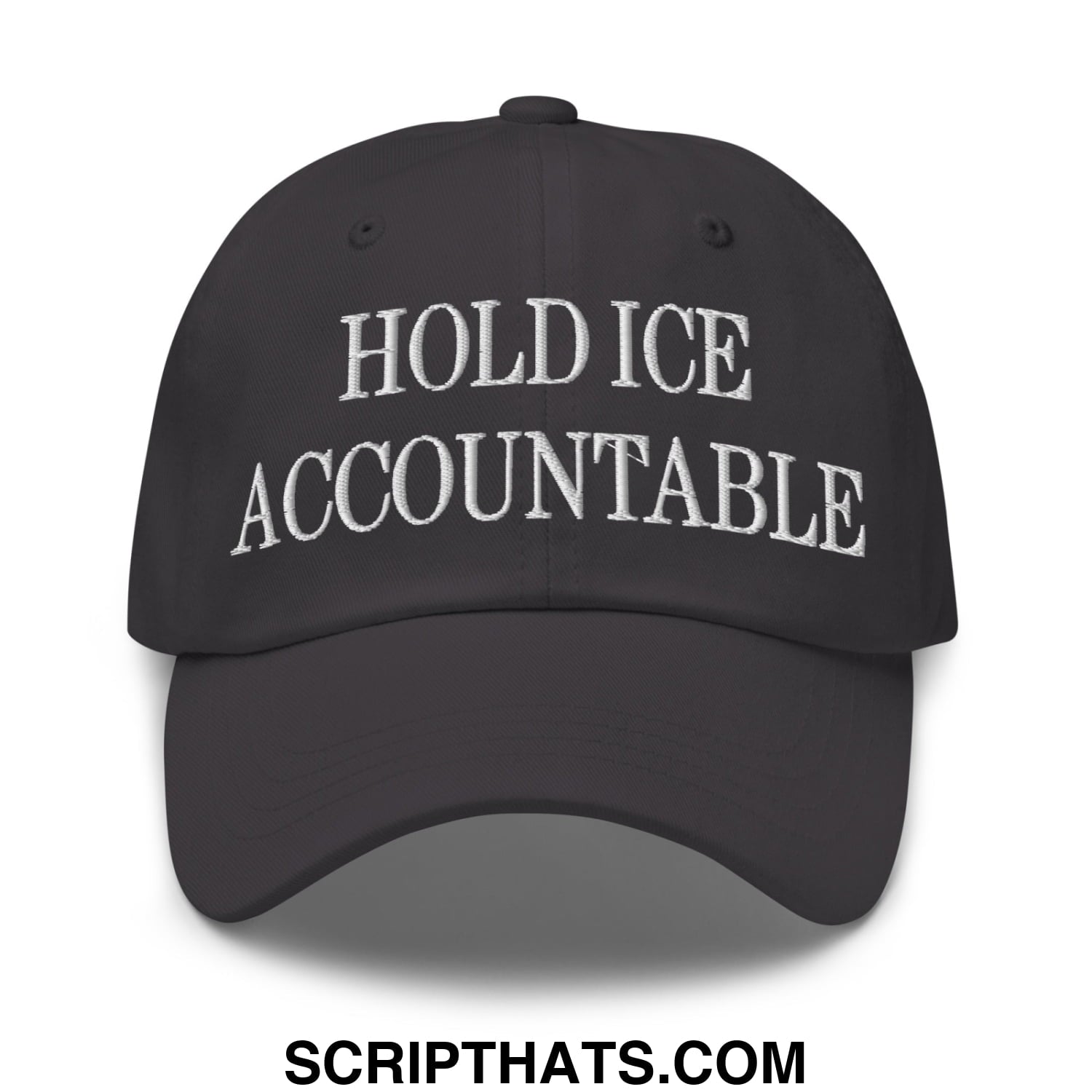 Black unstructured dad hat with white embroidered hold ice accountable text on front panel