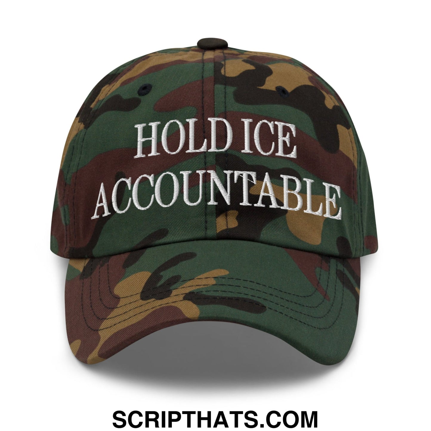 A camouflage unstructured dad hat with white embroidered text reading hold ice accountable on the front