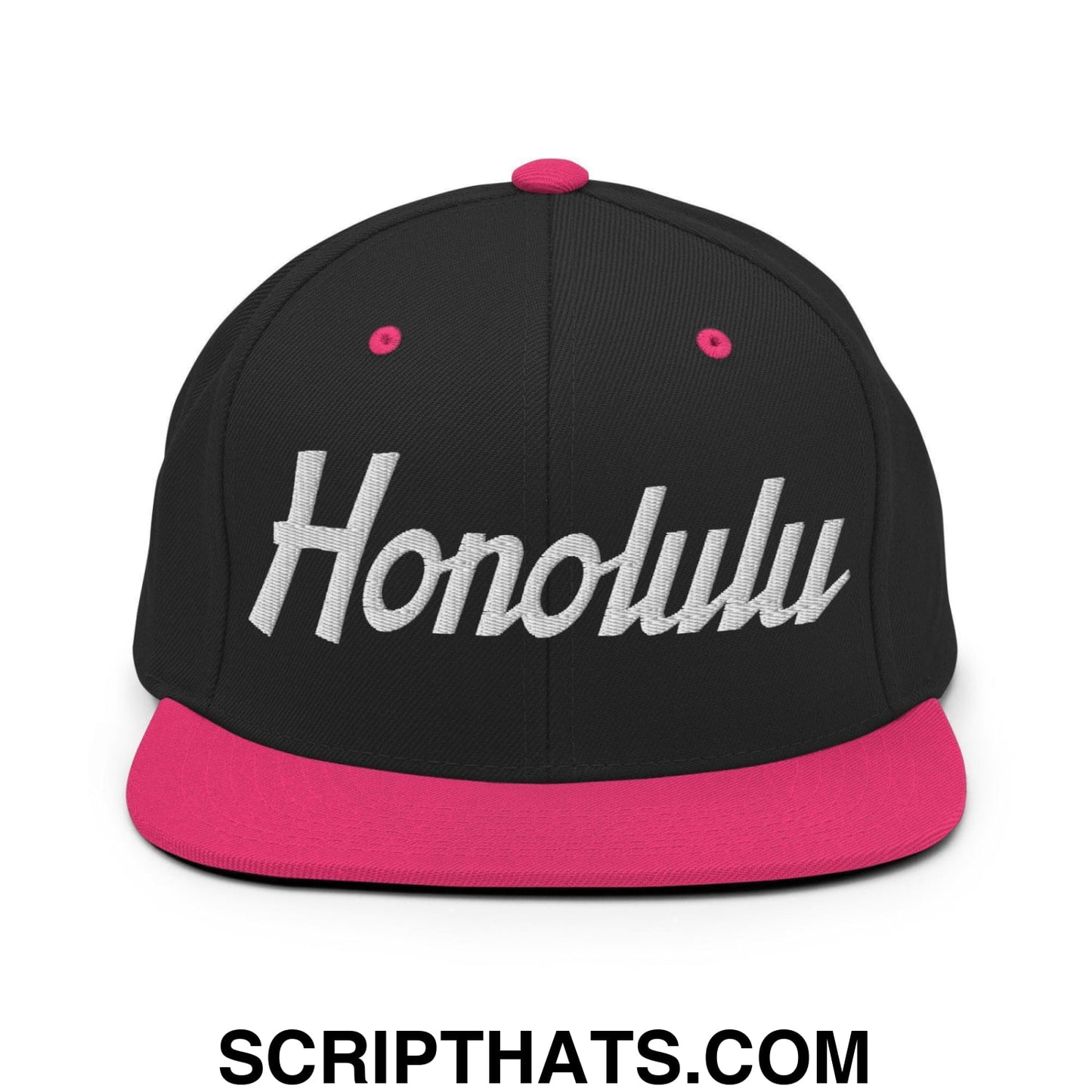 Honolulu Script Snapback Hat Black Neon Pink