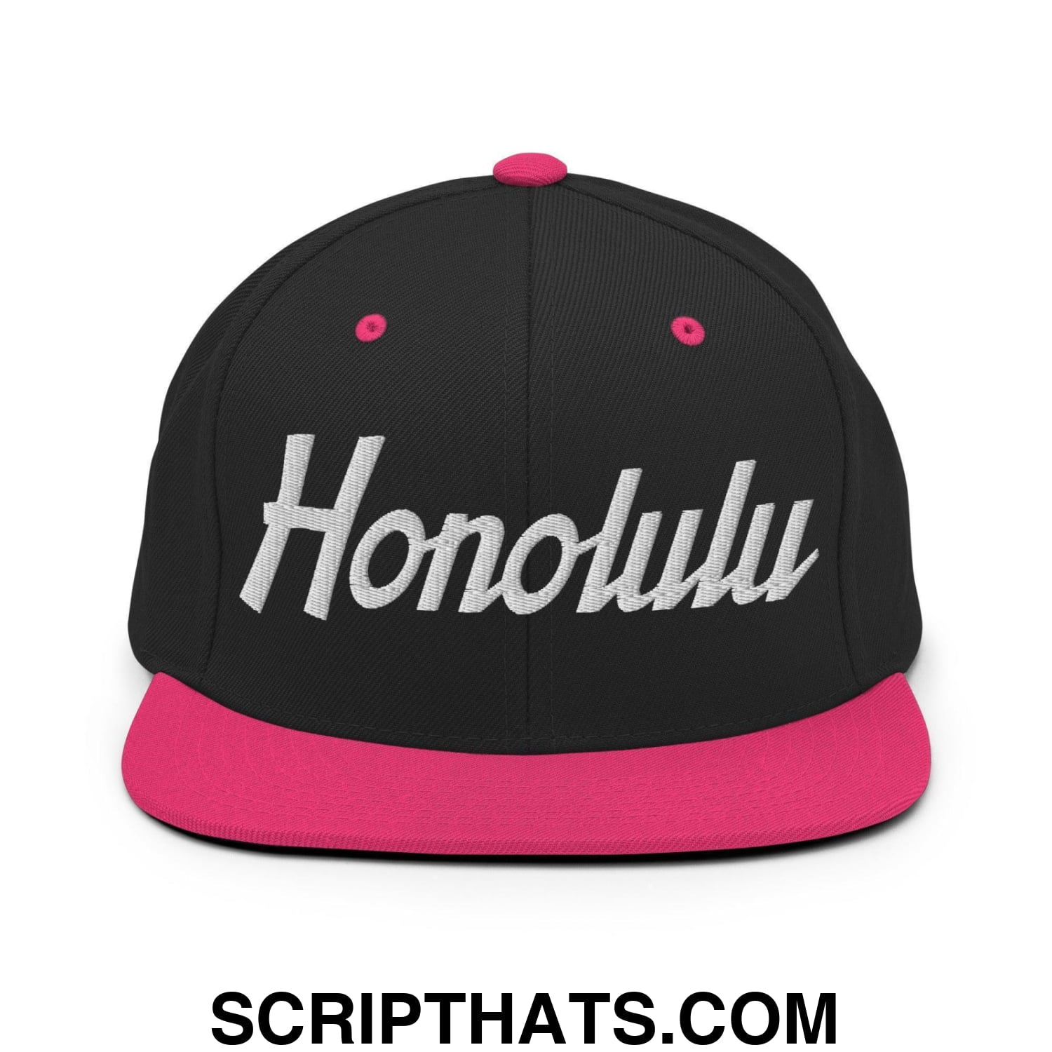 Honolulu Script Snapback Hat Black Neon Pink