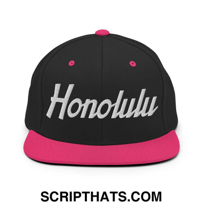 Honolulu Script Snapback Hat Black Neon Pink