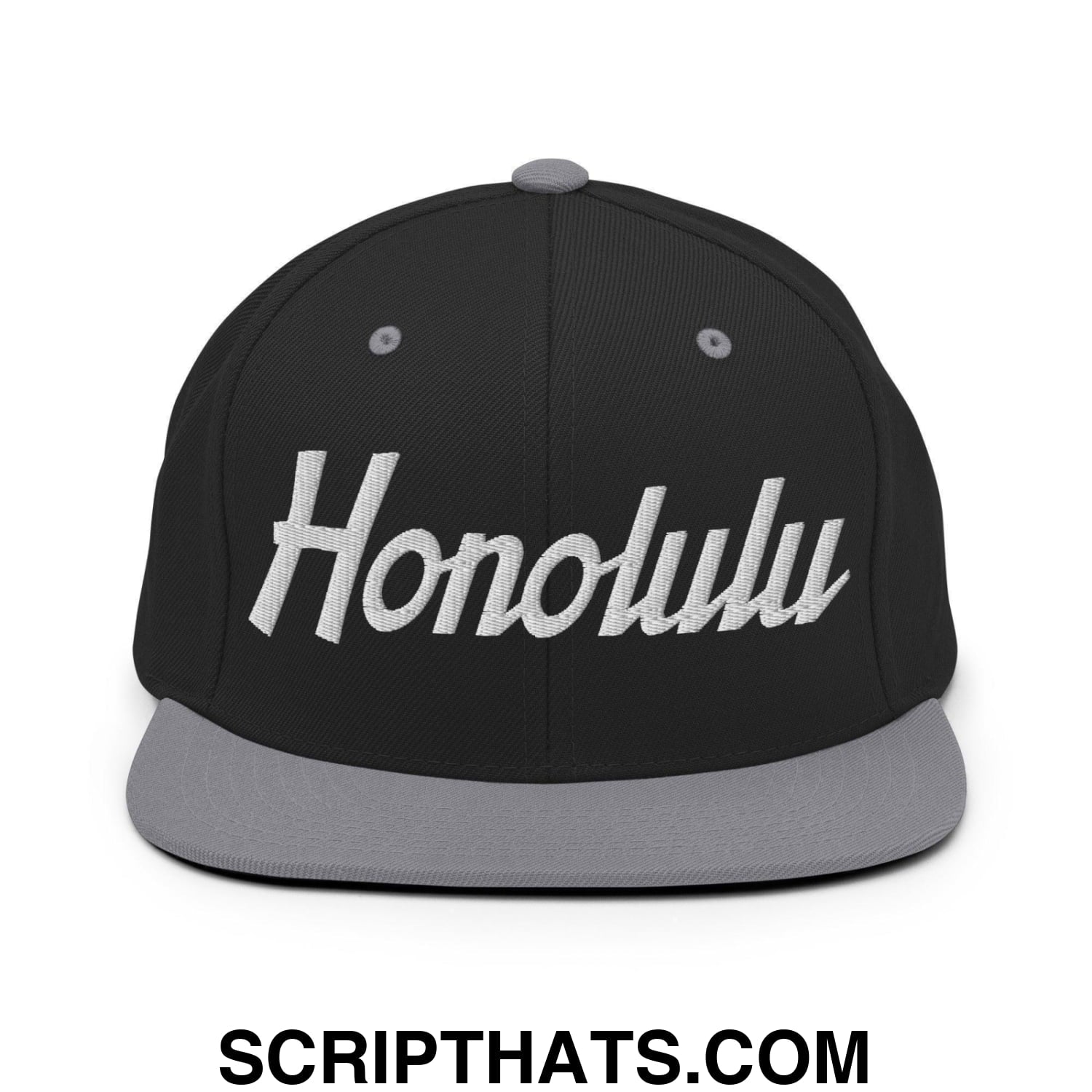 Honolulu Script Snapback Hat Black Silver
