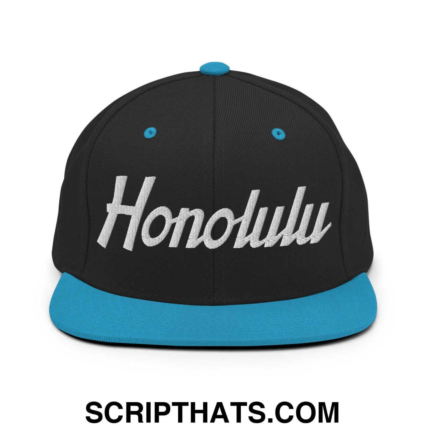 Honolulu Script Snapback Hat Black Teal
