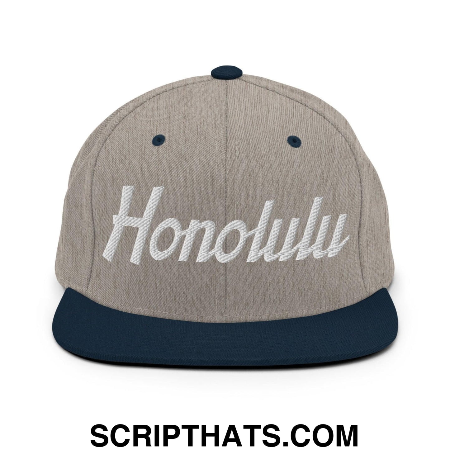 Honolulu Script Snapback Hat Heather Grey Navy