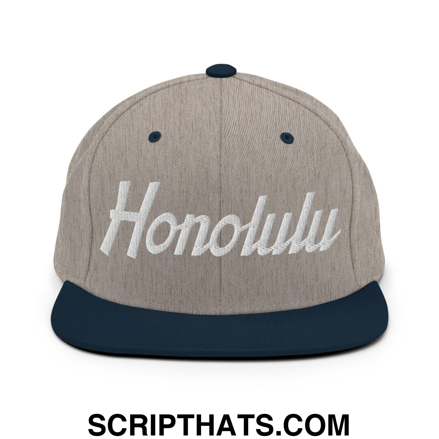 Honolulu Script Snapback Hat Heather Grey Navy