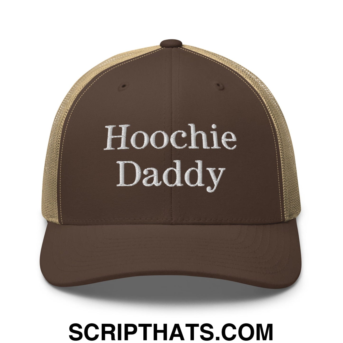 Hoochie Daddy Embroidered Mesh Trucker Hat Brown Khaki