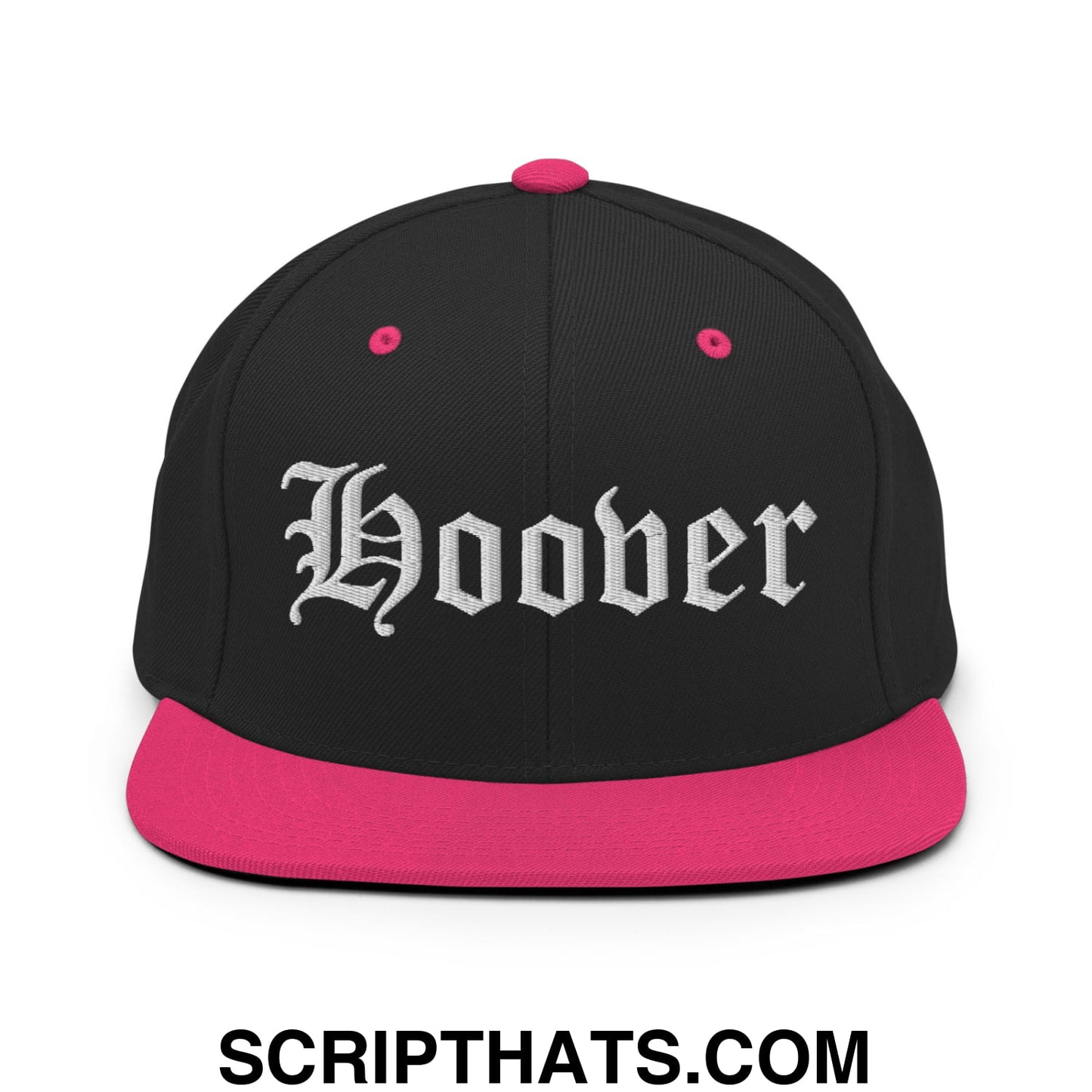 Hoover Old English Embroidered Flat Bill Brim Snapback Hat Black Neon Pink