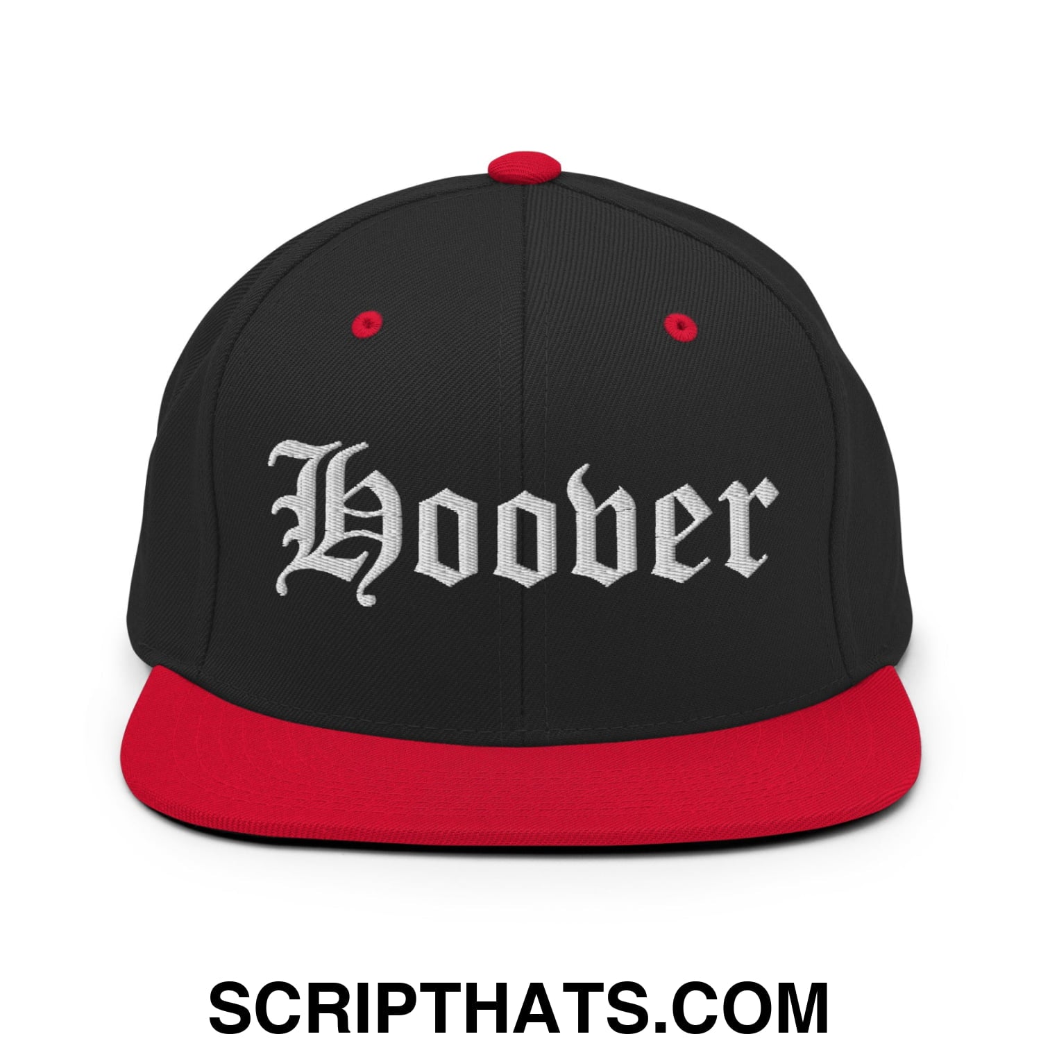 Hoover Old English Embroidered Flat Bill Brim Snapback Hat Black Red