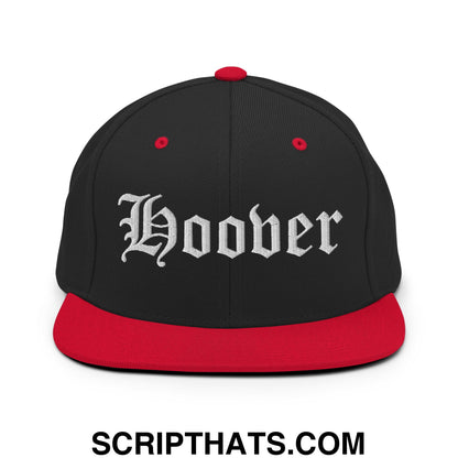 Hoover Old English Embroidered Flat Bill Brim Snapback Hat Black Red