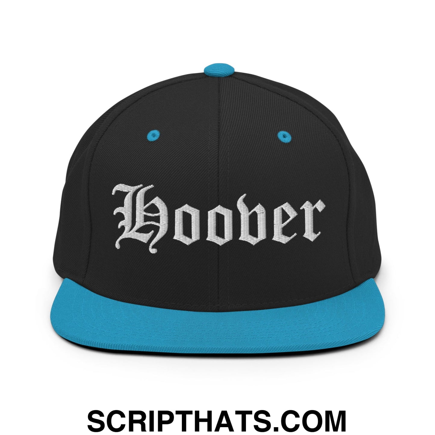 Hoover Old English Embroidered Flat Bill Brim Snapback Hat Black Teal