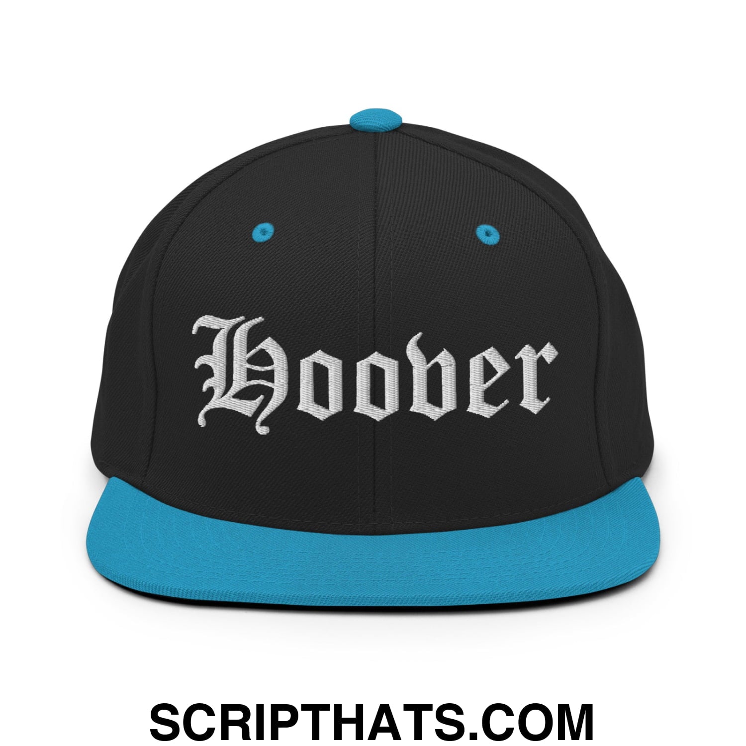 Hoover Old English Embroidered Flat Bill Brim Snapback Hat Black Teal