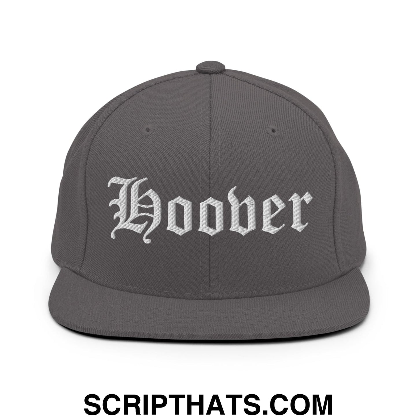 Hoover Old English Embroidered Flat Bill Brim Snapback Hat Dark Grey