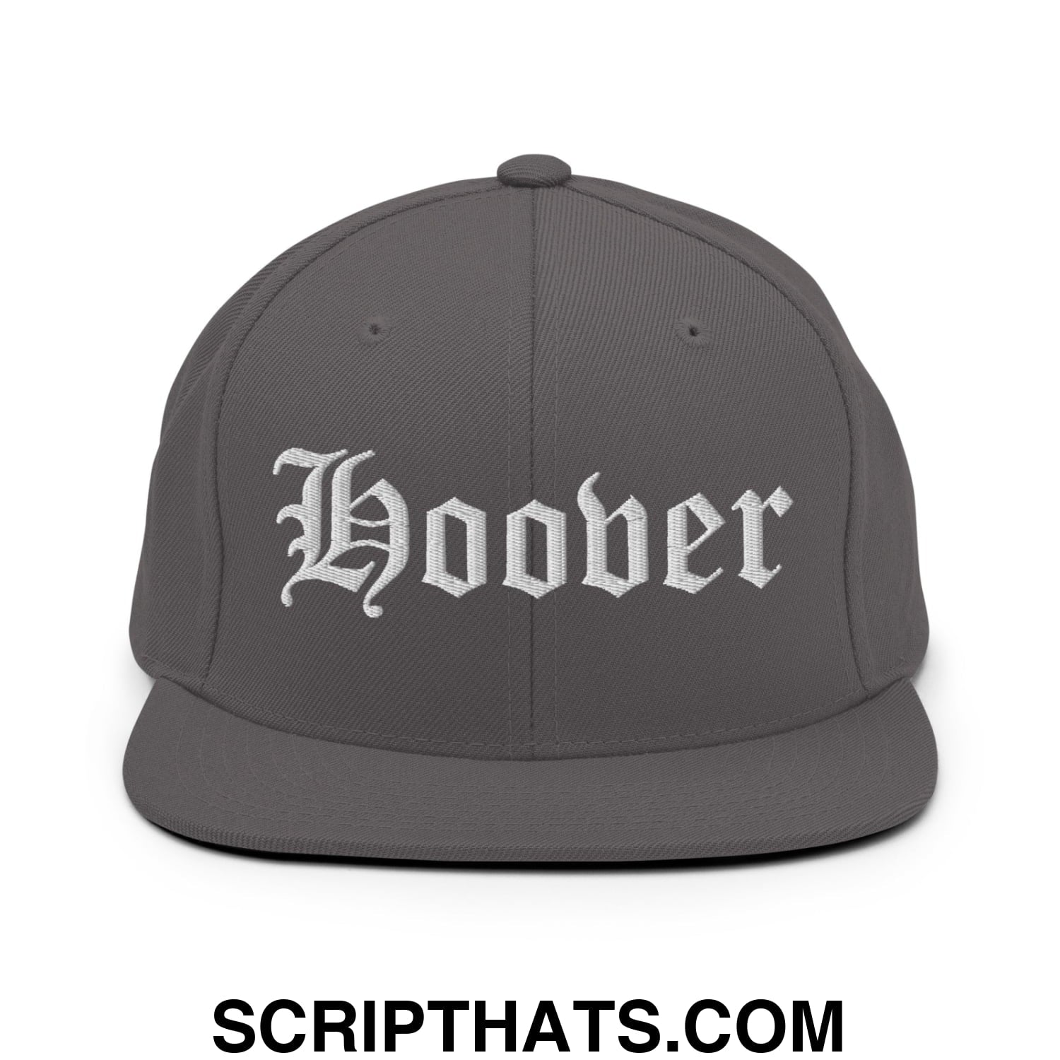 Hoover Old English Embroidered Flat Bill Brim Snapback Hat Dark Grey