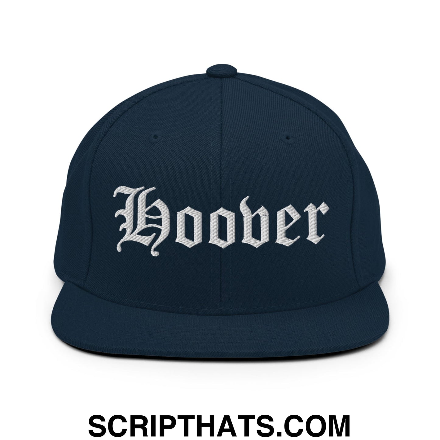 Hoover Old English Embroidered Flat Bill Brim Snapback Hat Dark Navy